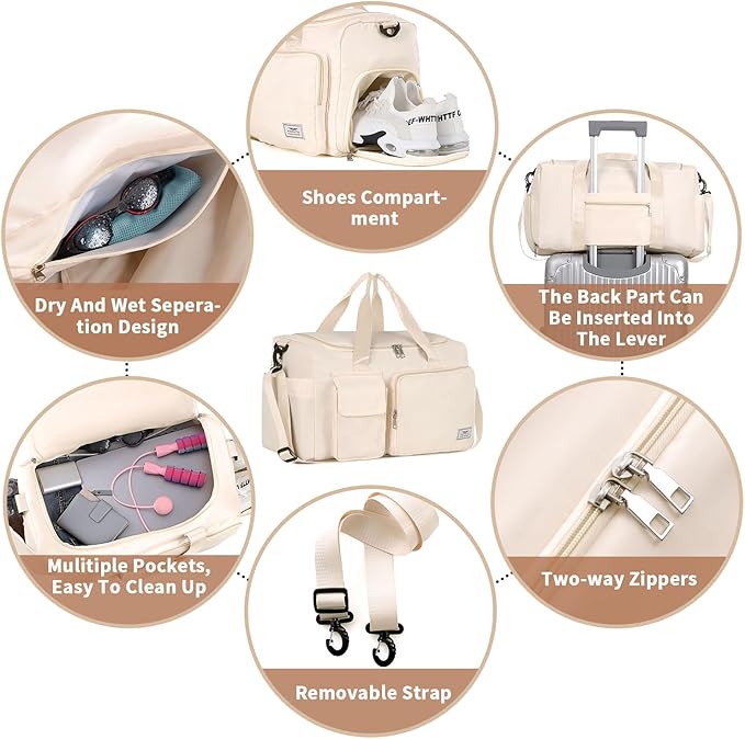 FIORETTO Women's Gym Duffle Bag with Shoes Compartment, 37L Capacity, Ideal for Travel, Gym, Sports, Duffel, Weekender