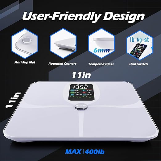 Lepulse Smart Weight Scale With BMI Body Fat Muscle Mass, 4.68" Large Display With Trend, High Accurate 22 Composition Scale With Heart Rate, Bathroom Scale With App, White