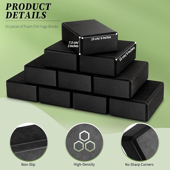 20 Pcs Foam EVA Yoga Blocks Lightweight Non-Slip Supportive Foam Blocks Yoga Prop Accessories for Pilates, Stretching and Meditation, Men and Women Yogi (Black)