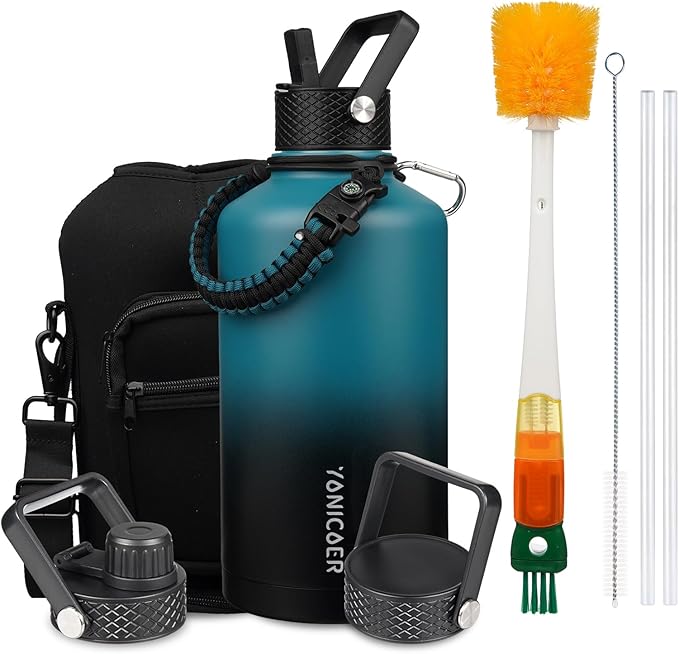 Insulated Water Bottle 64oz,Triple Wall Vacuum Stainless Steel(Dishwasher Safe),Leak Proof & Non-BPA,Flask Jug with Paracord Handle & Straw Spout Lids Sports