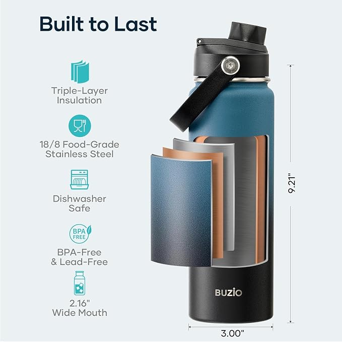 BUZIO Insulated Water Bottle with Straw Lid and Flex Cap, 22oz Modern Double Vacuum Stainless Steel Water Flask, Cold for 48 Hrs Hot for 24 Hrs Simple Thermo Canteen Mug, Indigo Black