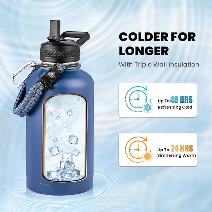 Insulated Water Bottle 64 oz, Triple Wall Vacuum Stainless Steel (Cold for 48 Hrs), Leak Proof & Non-BPA, Half Gallon Water Flask Jug with Paracord Handle & Straw Spout Lids, Navy Blue