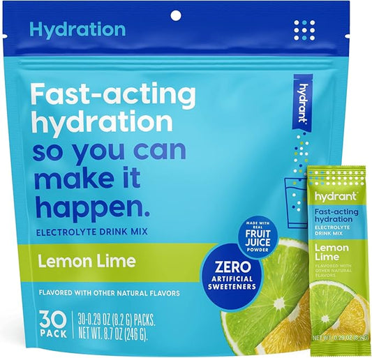 HYDRANT Hydrate, Individual Hydration Electrolyte Powder Stick Packets with No Artificial Sweeteners, Colors, or Fillers (Lemon Lime, 30 Pack)