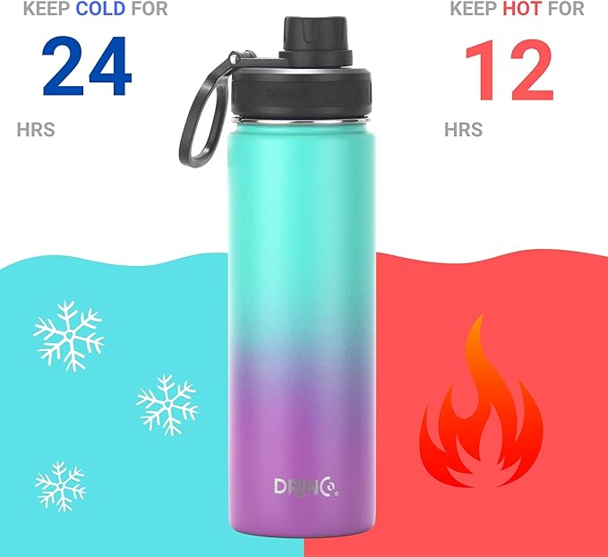 DRINCO Stainless Steel Water Bottle Spout Lid Vacuum Insulated Double Wall Water Bottle Wide Mouth (40oz 32oz 22oz 18oz 14oz) Leak Proof Keeps Cold or Hot (22 oz, 22oz Ombre Fuschia Teal)
