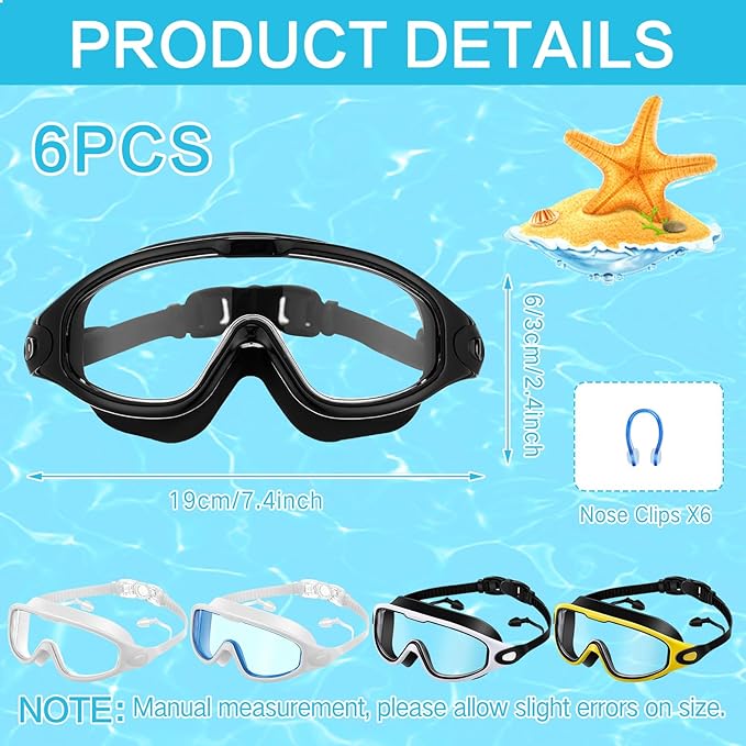 Kanayu 6 Pieces Swimming Goggles Wide View No Leaking Anti Fog Adult Swim Goggles with Earplugs Nose Clip for Adult Men Women