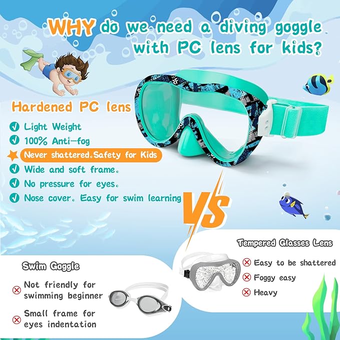 Kids Swim Goggles 180° Snorkel Diving Mask with Nose Cover, Anti-Fog Kids Swimming Goggles with Elastic Fabric Strap for Kids Boys Girls