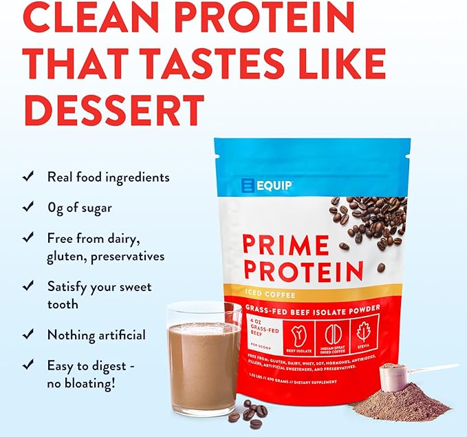 Equip Foods Prime Protein Powder | Clean, Grass Fed Beef Protein Powder | Carnivore Protein Isolate | Paleo, Keto Friendly, Gluten & Dairy Free | Helps Build & Repair Tissue | 30 Servings, Iced Coffee