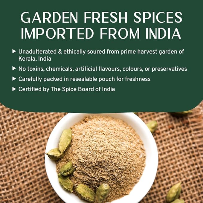 Cardamom Powder (100g/3.53oz) Gluten Free, Raw Ground Elaichi for Cooking, Smoothies, Lattes, Masala Tea, Packed in Resealable Zip Lock Pouch