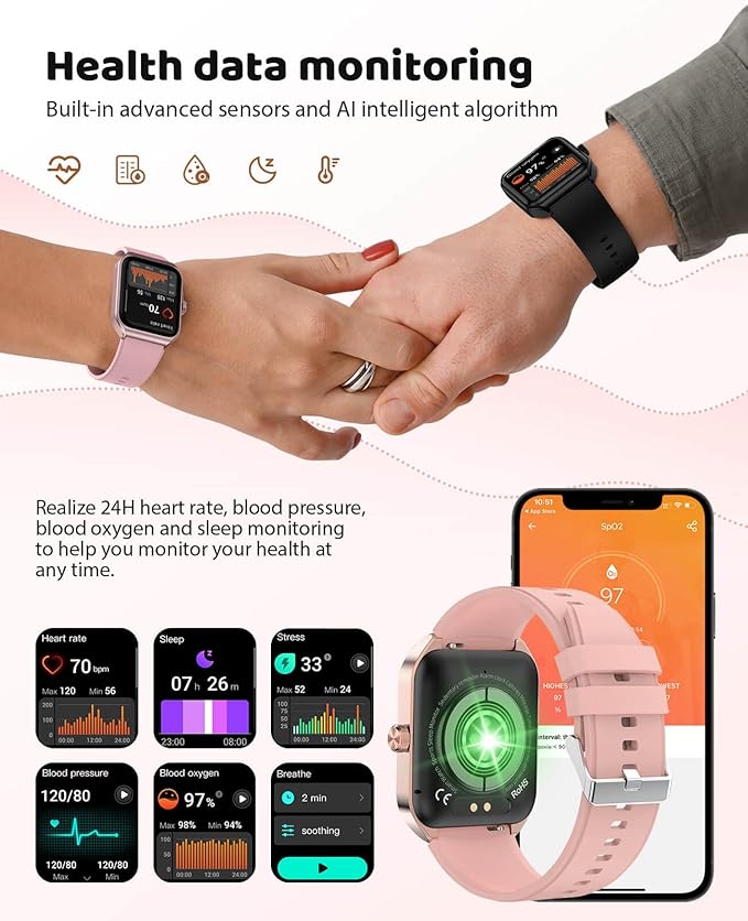 Smart Watch for Women with SOS Emergency Alert, 1.91" GPS Watcher with 100+ Sports Modes, Blood Pressure/Blood Oxygen/Heart Rate/Sleep Monitor, IP68 Waterproof Smartwatch for Android iOS