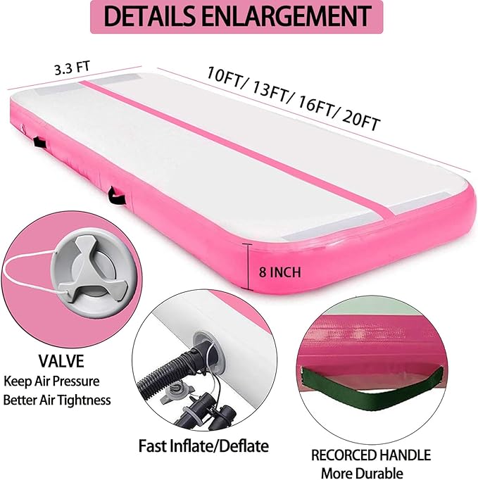 DOBESTS Inflatable Air Gymnastics Mat Tumbling Mat Tumble Track Gymnastics Training for Kids Home 6.6 feet 10 feet 13feet 16feet 20feet 4/8inch Thick for Cheerleading Dance Yoga Cheer Water With Pump