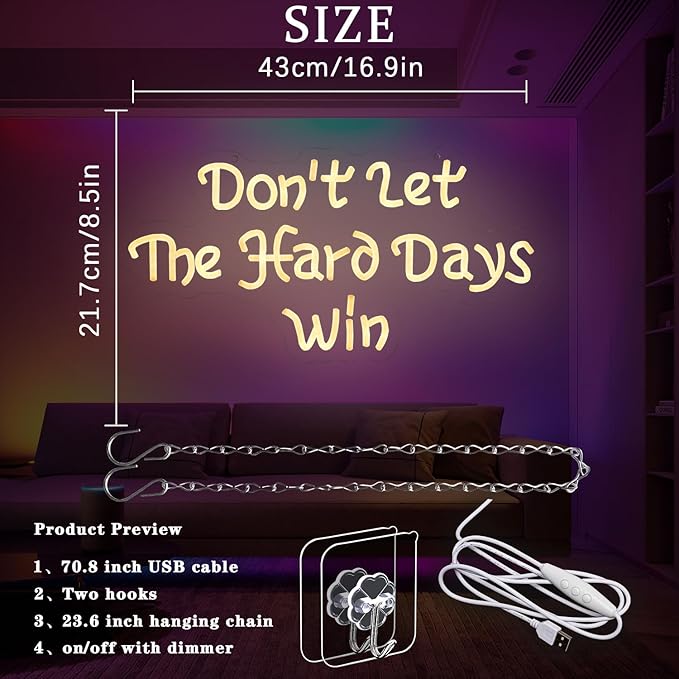 Don't Let The Hard Days Win Neon Sign for Wall Decor Letter Neon Light Warm white LED Neon Signs Office LED Neon Lights for Bedroom Office Classroom Store Decoration