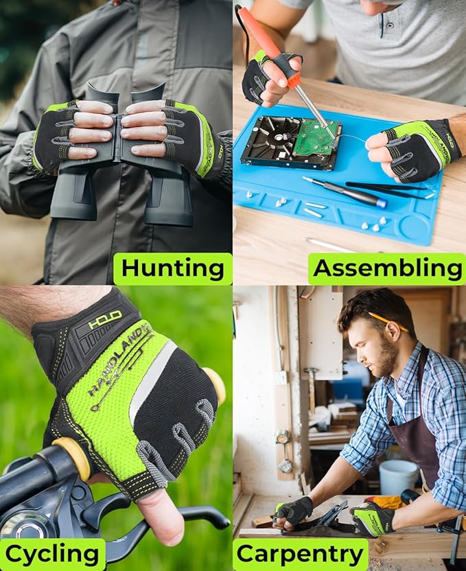 HANDLANDY Fingerless Work Gloves for Men and Women Utility Padded Half Finger Driving Working Gloves (XL, Green)