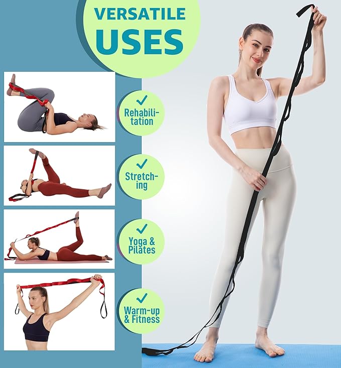 Gradient Fitness Therapy Stretching Belt, 12 Circle Multi Ring Stretching Belt (1.5 inches wide x 86.6 inches long), Therapy Equipment, Yoga Stretcher Strap,Leg Stretcher. Equipped with arch foot pads and pointed massage balls(BLACK)