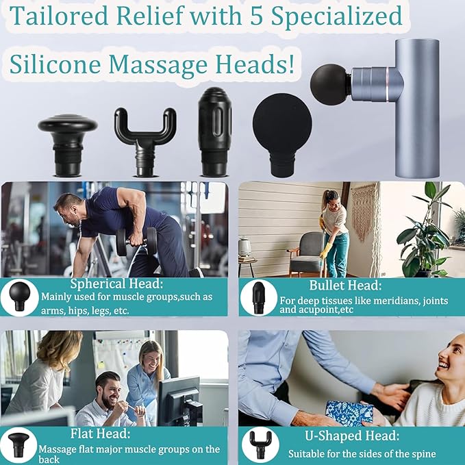 Mini Massage Gun, Percussion Deep Tissues Muscle with 4 Attachments, Full-Metal Electric Portable Hand Held Massager Gun for Back, Body Sore Muscles, Pain Relief, Gifts for Office, Home