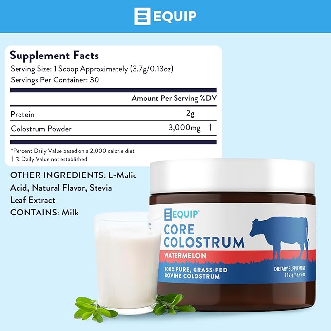 Equip Foods Core Bovine Colostrum Powder - 3,000mg Grass Fed Colostrum Supplement - Gut Health, Immunity, Recovery Lactoferrin Supplements - Keto Friendly Bovine Colostrum, 30 Servings, Watermelon