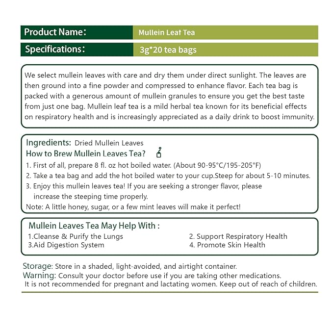 Samcci - Mullein Tea Bags, 20 Teabags, 3g/bag, 100% Pure Mullein Tea Bags for Lungs Cleanse, Natural Herbal Tea Bags, Caffeine Free & No Additives Mullein Leaf Tea for Detox & Respiratory Support