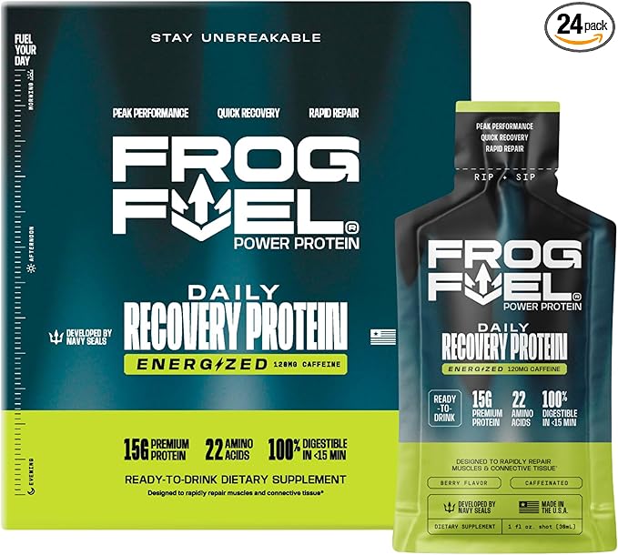 Frog Fuel Power Energized Protein Shot, 15g Protein Nano-Hydrolyzed Grass Fed Collagen, 120mg Caffeine, Fat & Sugar Free, 22 Amino Acids, 0 Carbs, Berry, 1 oz Packets, 24 Pack