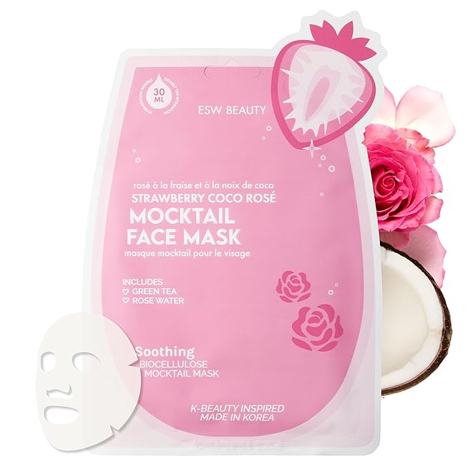 ESW Beauty Strawberry Coco Rosé Soothing Face Mask - Hydrating, Calming, Vegan Face Mask with Coconut Water, Green Tea, & Strawberry Extract for Sensitive Skin