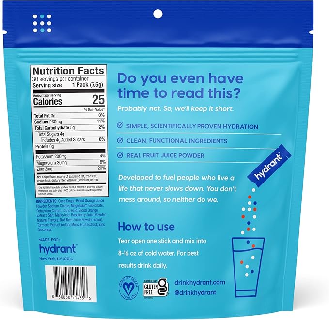 HYDRANT Hydrate, Individual Hydration Electrolyte Powder Stick Packets with No Artificial Sweeteners, Colors, or Fillers (Fruit Punch, 30 Pack)