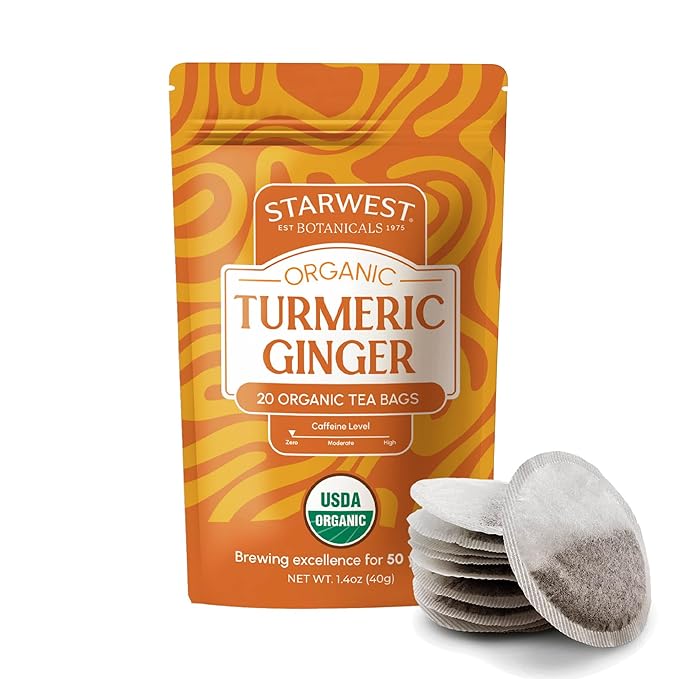 Starwest Botanicals Organic Turmeric Ginger Tea - Caffeine Free Herbal Tea with Turmeric, Cinnamon, & Ginger, Tea with Antioxidant Properties, String Free Sachets, Non GMO - 20 Tea Bags