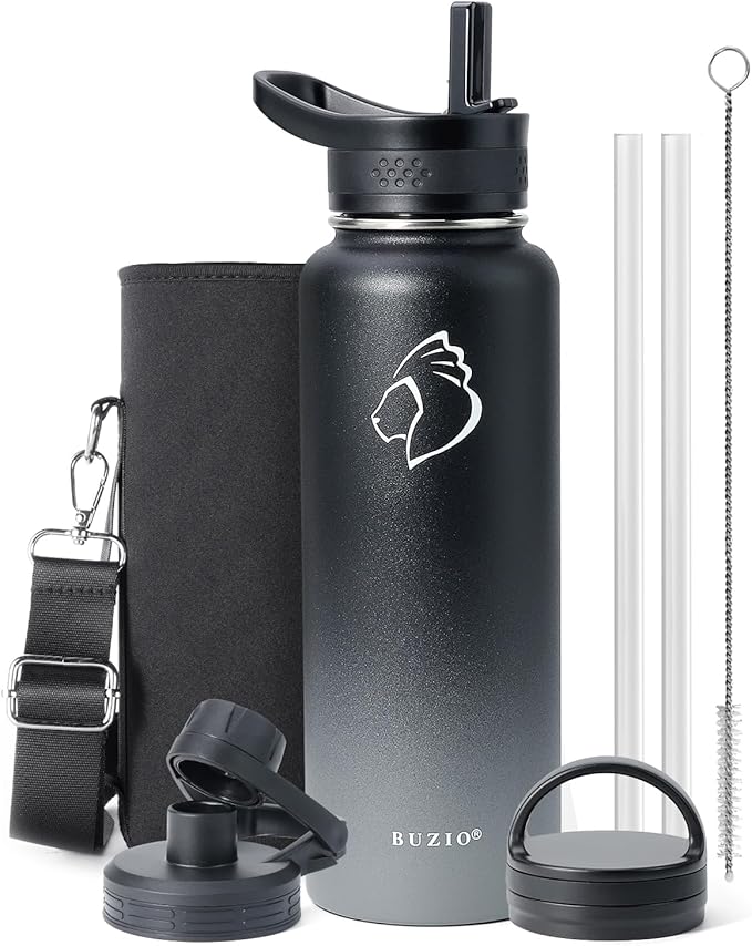 BUZIO 40 oz Water Bottle Insulated with Straw & 3 lid and Carrying Pouch, Leak Proof Anti-Slip Stainless Steel Water Flask Jug, Cold for 48 Hrs Double Vacuum Thermo Canteen, BPA-Free, Shadow