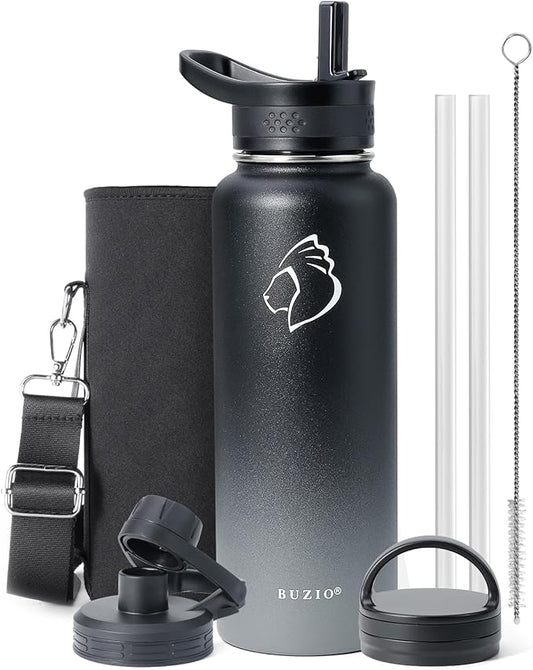 BUZIO 40 oz Water Bottle Insulated with Straw & 3 lid and Carrying Pouch, Leak Proof Anti-Slip Stainless Steel Water Flask Jug, Cold for 48 Hrs Double Vacuum Thermo Canteen, BPA-Free, Shadow