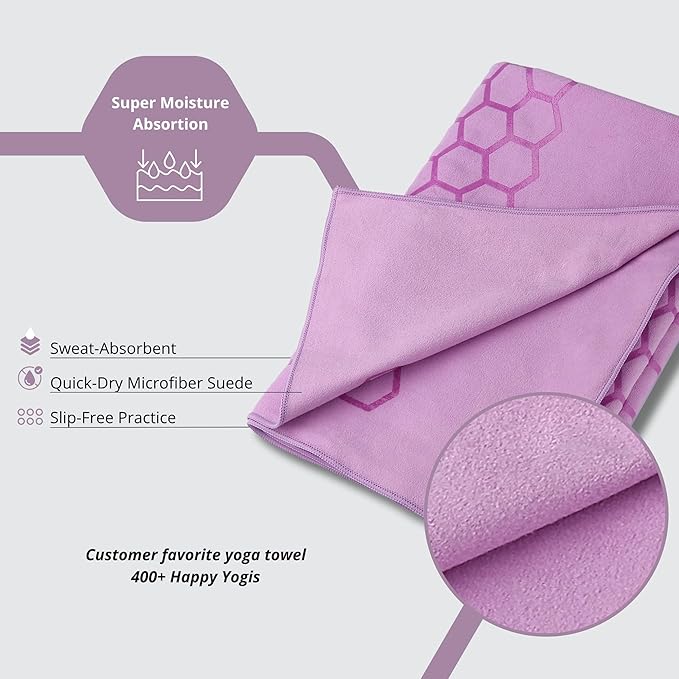 Clever Yoga Non-Slip Hot Yoga Towel – Non-Slip Grip for Hot Yoga, Sweat Absorbent, Honeycomb Silicone Grip, Stays Flat – Ideal for Pilates, Travel, Washable & Lightweight - Lilac