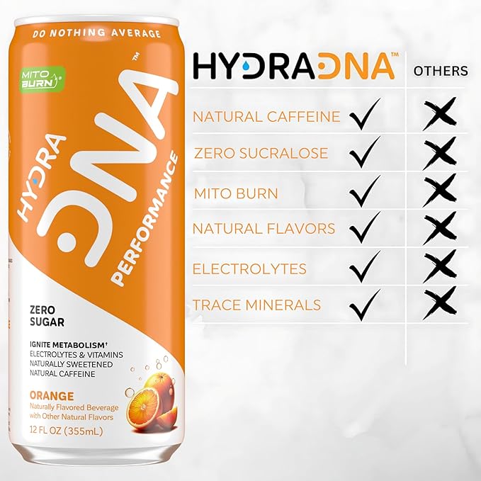 HYDRADNA- Clean Performance Drink, Zero Sugar | For Natural Fuel, Alertness, Boost, Stamina,120 mg Organic Caffeine, Natural Flavors, Zero Sucralose, Clean Ingredients (12 Pack) (12 Pack, Orange)