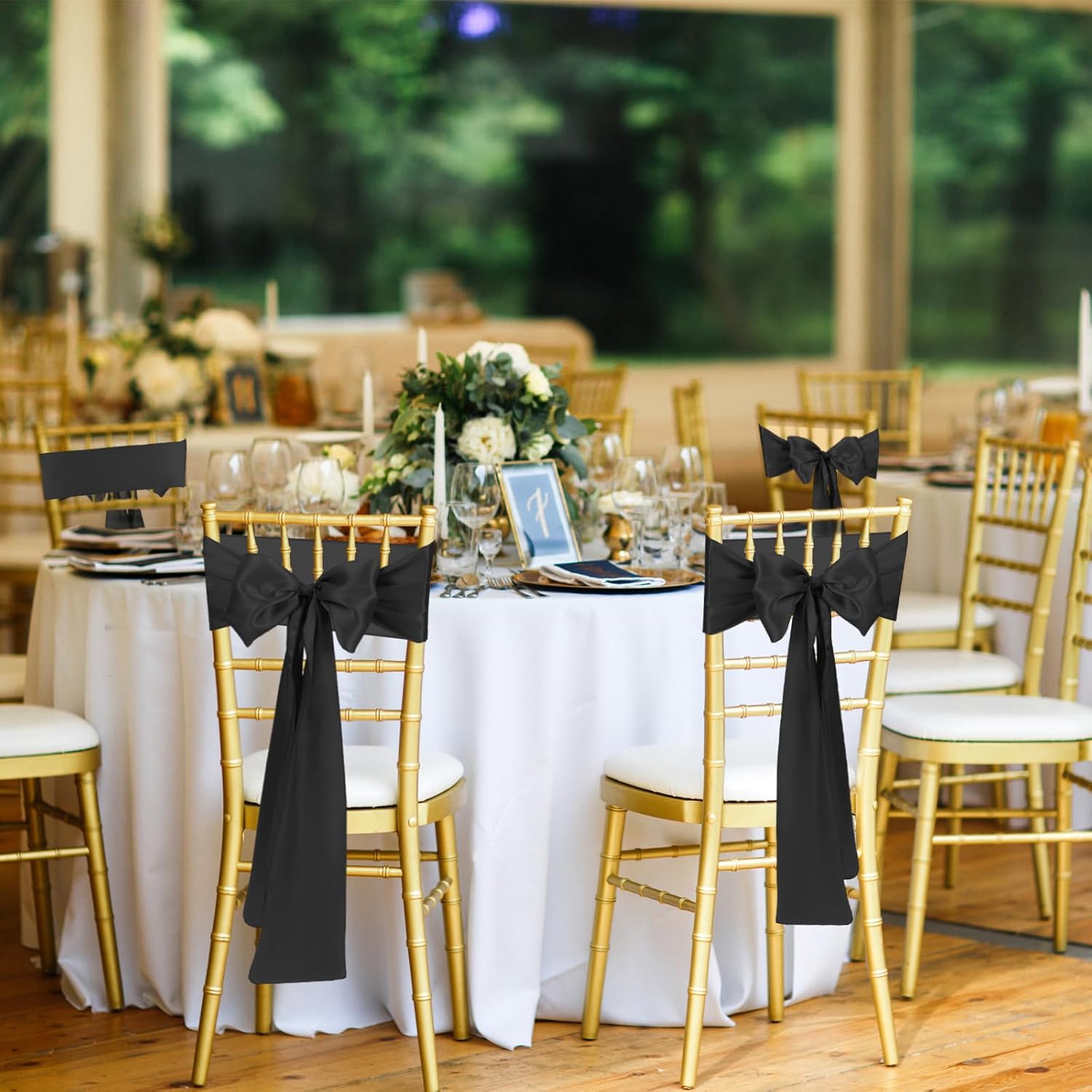 10 PCS Black Satin Chair Sashes Bows Universal Chair Ribbon Ties Back Sash for Wedding Party Reception Events Banquets Hotel Event Chair Cover Decoration (Champagne 7x108 inch)