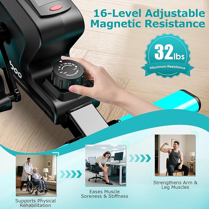 pooboo Under Desk Bike Pedal Exerciser, Quiet Magnetic Mini Exercise Bike with 16 Resistance Levels, Arm & Leg Workout, Resistance Bands & Non-Slip Mat for Home Office Therapy