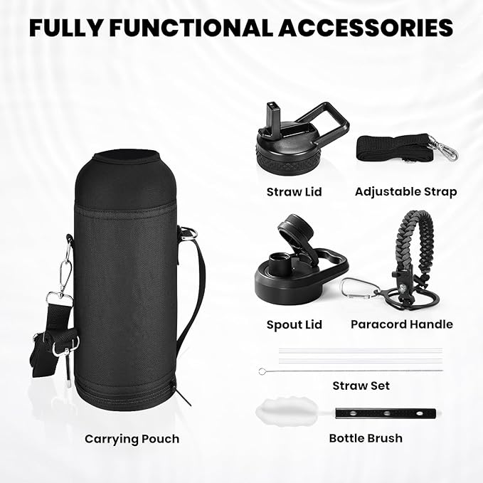 Insulated Water Bottle 40 oz, Triple Wall Vacuum Stainless Steel (Cold for 48 Hrs), Leak Proof & Non-BPA, Modern Water Flask Jug with Paracord Handle & Straw Spout Lids, Dark Grey