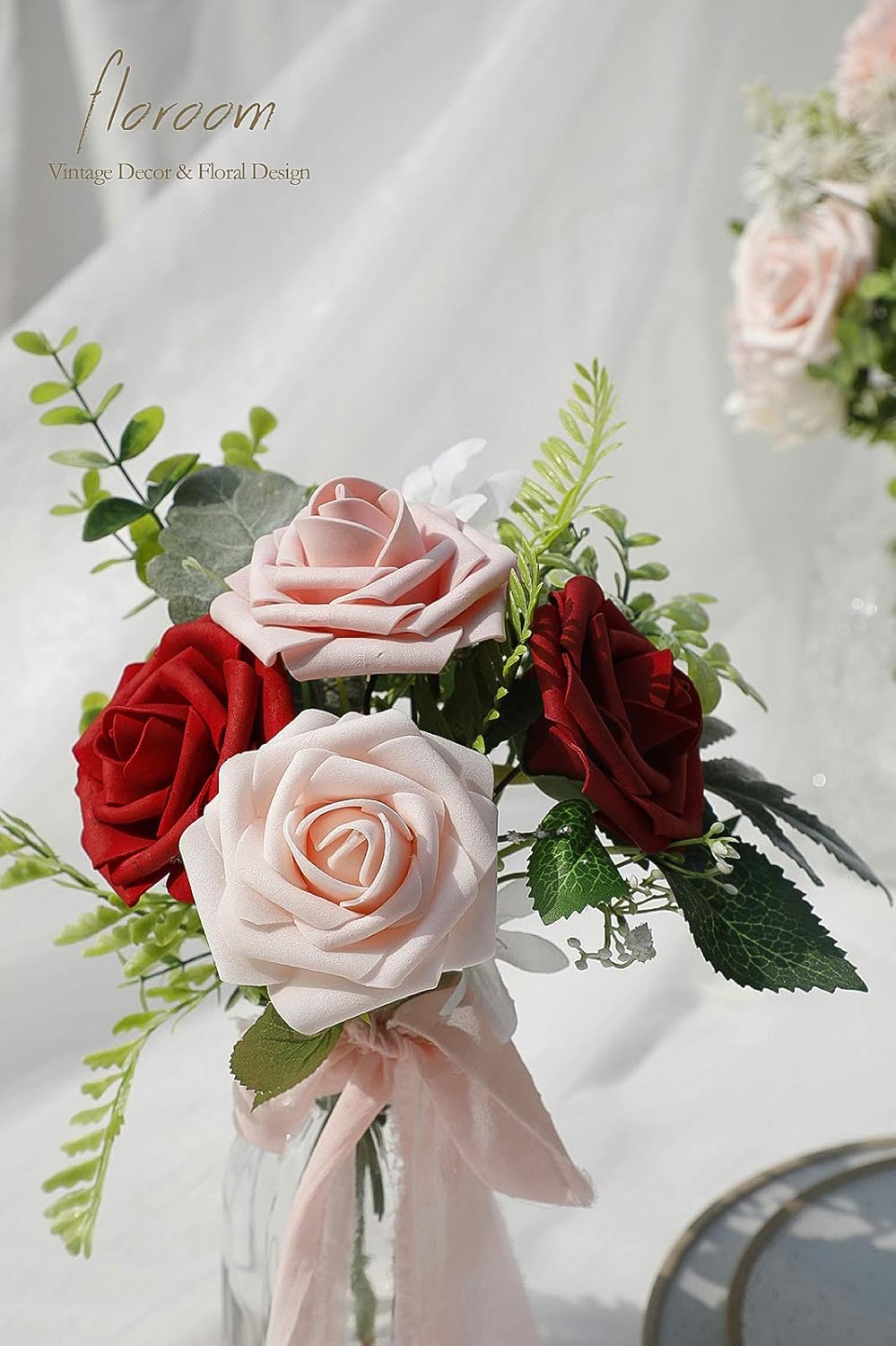 Floroom Artificial Flowers 25pcs Real Looking Dark Red Ombre Colors Foam Fake Roses with Stems for DIY Wedding Bouquets Bridal Shower Centerpieces Floral Arrangements Party Tables Home Decorations