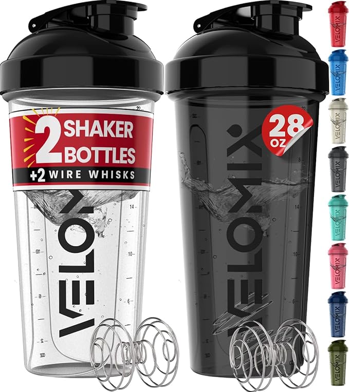 '-2 Pack- 28 oz Protein Shaker Bottles for Protein Mixes - 2x Wire Whisk | Leak Proof Shaker Cups for Protein Shakes | Protein Shaker Bottle Pack (Black/Transparent)