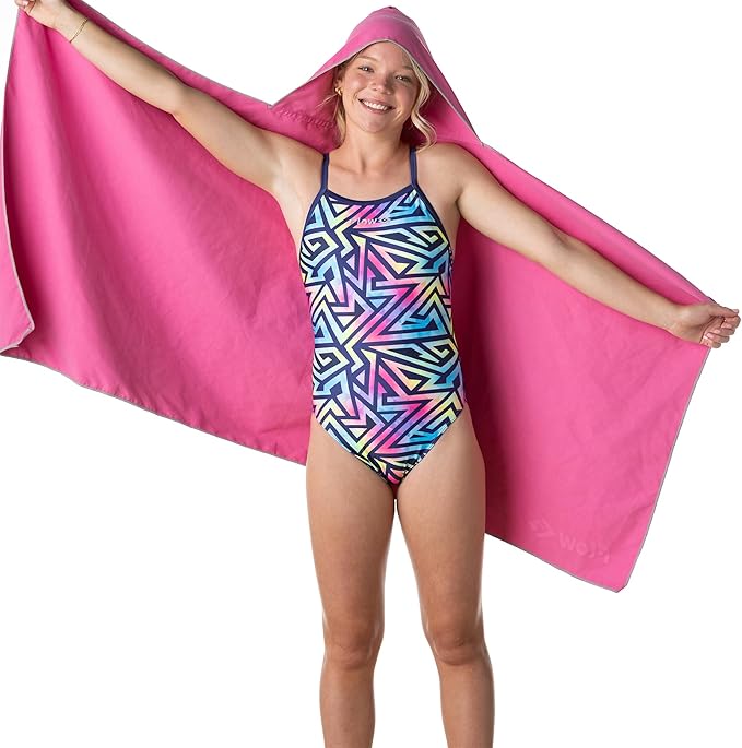 Flow Hydro Sport Towel - Microfiber Quick Dry Swimming Towels for Swim, Pool, Triathlon, and Other Water Sports in Medium, Large, Extra Large, and Hooded Sizes (Pink, Large w/Hood)