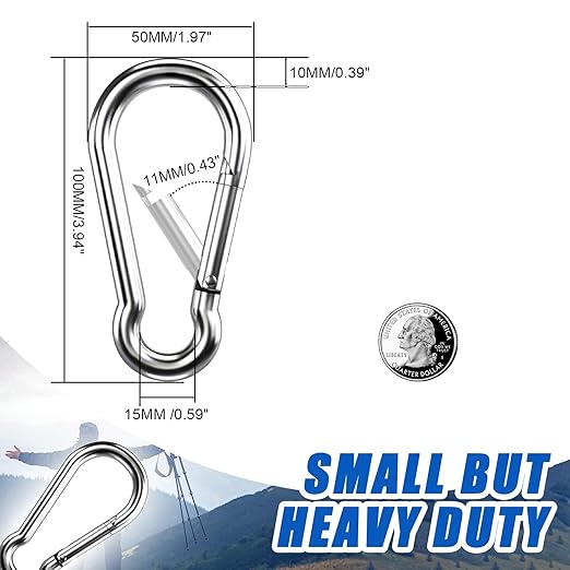 Large Carabiner Clip Hooks, 2pcs 4 inch Carabiners Heavy Duty, 304 Stainless Steel Spring Snap Hook Fits Camping Hanging Hiking Weight Lifting, Metal Clips for Rope or Chain