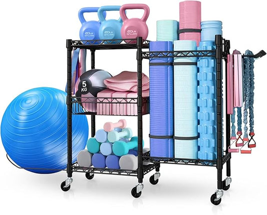 Dumbbell Rack, 3 Tier Adjustable Workout Equipment Storage with Locking Wheels & 4 Hooks, Home Gym Storage for Yoga Mat, Foam Roller, Dumbbell, Kettlebell, Fitness Ball and Resistance Band