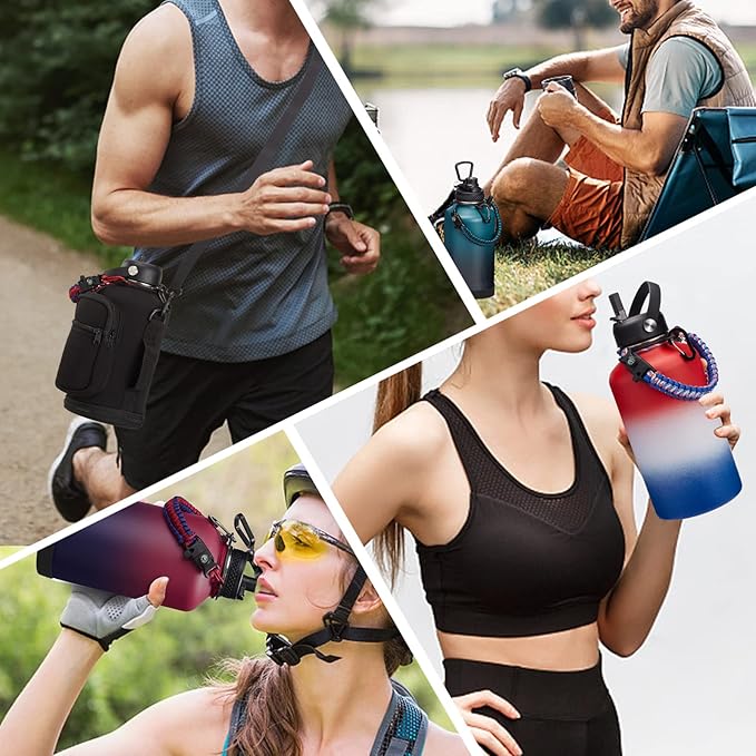 Half-Gallon Vacuum Water-Bottle with Sleeve, Paracord Handle, Straw & Spout Lid, 64oz Stainless Steel Insulated Water Jug, Cold-48h & Hot-24h Triple-Wall Metal Vacuum Flasks for Sports Hiking Camping
