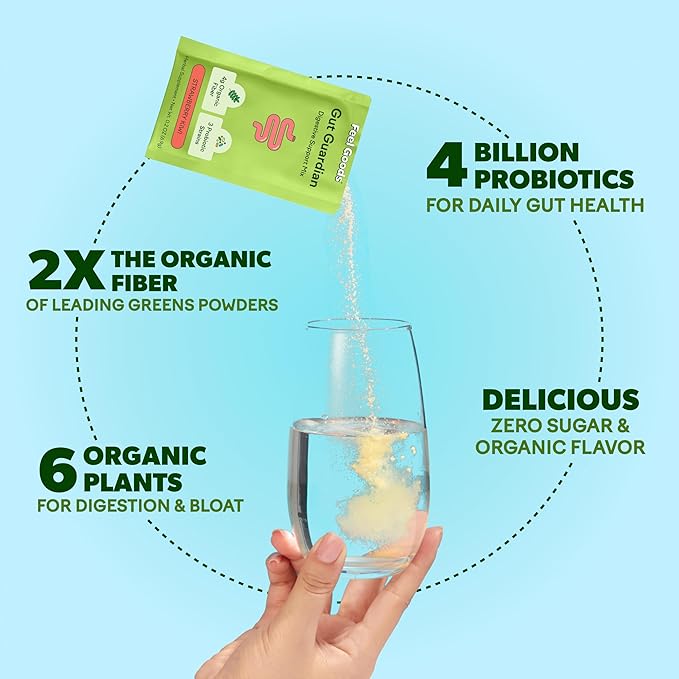 Feel Goods Gut Guardian, Organic Fiber, Probiotic & Prebiotic Powder, Sugar Free, Herbs for Bloat, Gut Health Support, Digestive Health for Men & Women, Non GMO, Vegan, Strawberry Kiwi, 30 Servings
