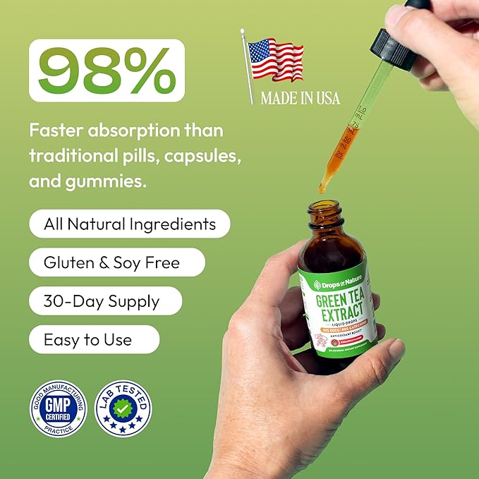 Green Tea 10:1 Extract 50% EGCG - Green Tea Liquid Drops - Vegan, 4X More Powerful Than Pills & Capsules - 2oz Antioxidant & Immune Supplement - Skin, Heart Support, Brain Health & Memory Boost