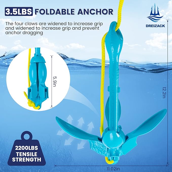 Dreizack Kayak Anchor Kit, 3.5 lb Folding Grapnel Boat Anchor Trolley Accessories with 40ft Rope and PVC Buoy for Fishing Kayaks SUP Paddle Boards Canoes Jet Ski PWC Inflatable Small Boats