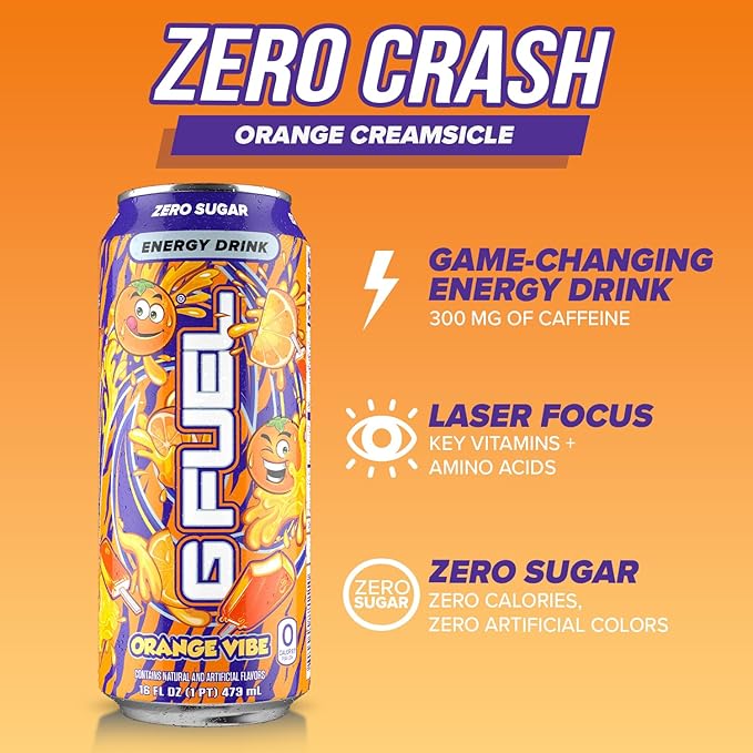 G Fuel Energy Drink, Orange Creamsicle, Sugar Free Beverage with 300mg Caffeine, Daily Energy Boost with Focus Amino, Vitamin + Antioxidants, 16 oz Cans (Orange Vibe, 12-Pack)