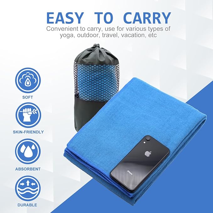 Eunzel Yoga Towel,Hot Yoga Mat Towel with Grip Dots Sweat Absorbent Non-Slip for Hot Yoga, Pilates and Workout 24" x72", Blue