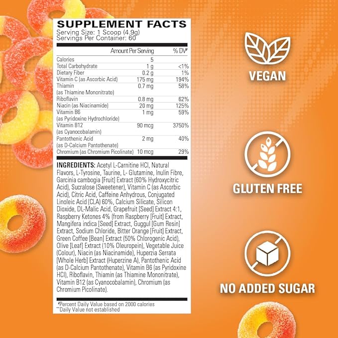 EHP Labs OxyShred Pre Workout Powder - Preworkout Powder with L Glutamine & Acetyl L Carnitine, Energy Boost Drink - Peach Candy Rings, 60 Servings