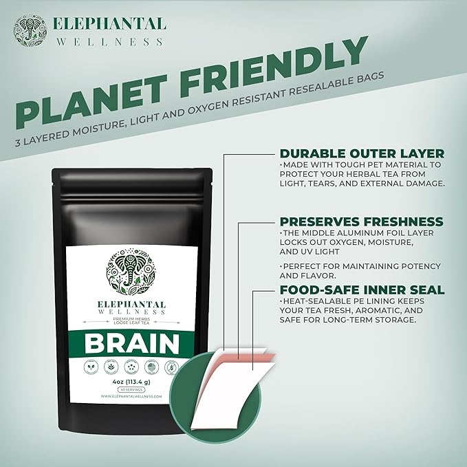 Elephantal Wellness Premium Brain Herbal Tea | Nootropic Focus & Mental Clarity Support with Ginkgo, Bacopa, Ashwagandha & Gotu Kola | Handmade, Caffeine-Free, Non-GMO Loose Leaf Blend, 4oz Loose Leaf, 40 Servings