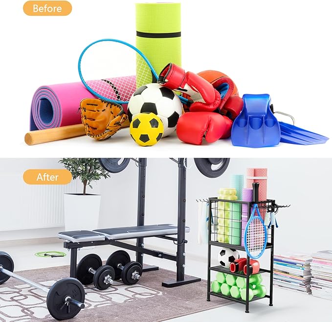 Dumbbell Rack for Home Weight Rack for Home Gym Yoga Mat Storage Rack Black Workout Equipment Storage Organizer with Hooks Yoga Mat Holder with Wheels for Yoga Block, Dumbbell, Resistance Band