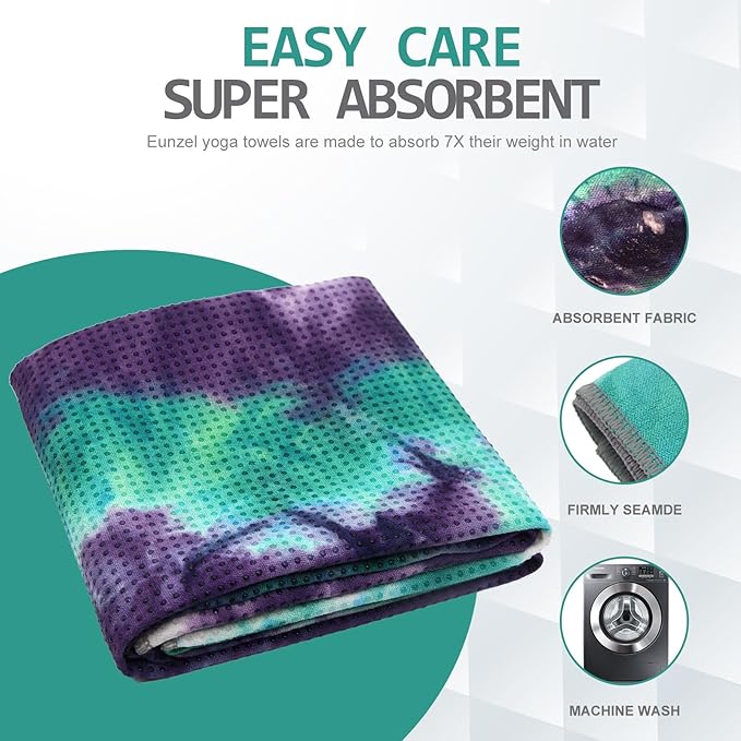 Eunzel 2 Pack Yoga Towel,Hot Yoga Mat Towel with Grip Dots Sweat Absorbent Non-Slip for Hot Yoga, Pilates and Workout 24" x72，Purple & Blue/Green & Purple (2 Pack)