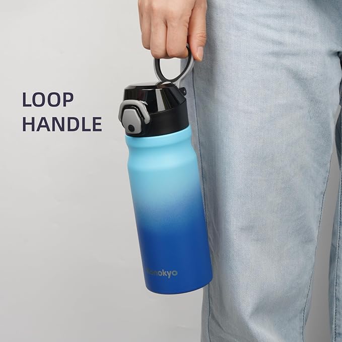 Insulated Water Bottle with Straw and Carry Loop,18 oz Stainless Steel Double Wall Vaccum Metal Water Flask with Leak-proof Lid,Sky