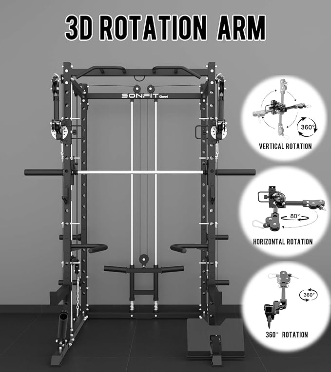 Eonfit E3 Smith Machine with 360°Rotating Arm for Home Gym Equipment, Multi-Function Power Cage Squat Rack with Cable Crossover LAT Pulldown Pulley System All in One