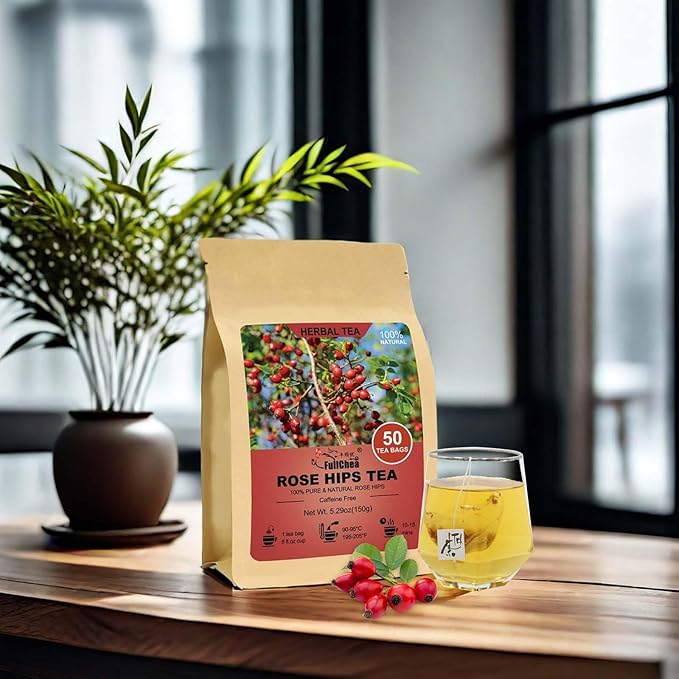 FullChea - Rose Hips Tea Bags, 50 Teabags Rosehip Tea, 3g/bag - Premium Rose Hips - Non-GMO - Caffeine-free - Support Digestion & Boost Immunity