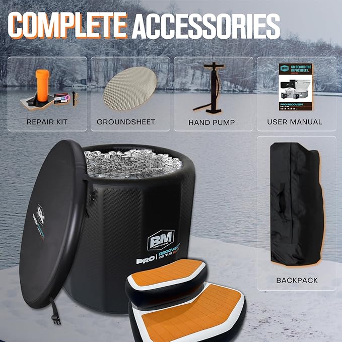 Inflatable Ice Bath Tub for Athletes, Cold Plunge Recovery Tub with Non-Slip Step, Insulated Lid, EVA Groundsheet, Backpack, 115 Gallon Capacity, 39" x 39" x 35.4", Portable Durable Design